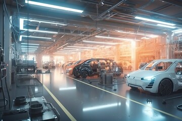 Poster - A Car Factory With A Lot Of Cars In It And A Lot Of Machinery Factory Animation Manufacturing Generative AI 