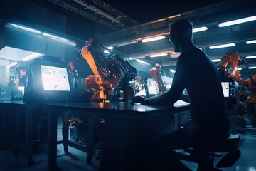 Poster - A Man Sitting At A Desk In A Room With Robots On It Factory Animation Robotics Engineering Generative AI 