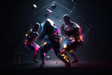 Poster - A Group Of People In Futuristic Outfits Dancing Together In A Dark Room Boxing Gym Video Art Motion Graphics Generative AI 