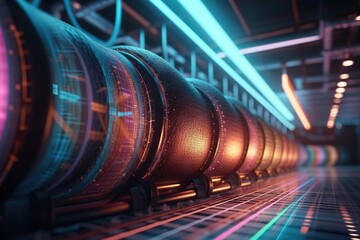 Poster - A Row Of Metal Pipes In A Large Room With Neon Lights Factory Animation Motion Graphics Generative AI 