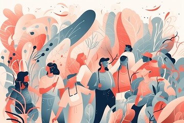 Poster - A Group Of People Walking Through A Forest Filled With Trees And Plants Coral Reef Environmental Art Group Travel Generative AI 