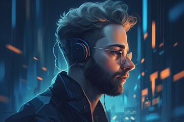 Poster - A Man With Headphones On Looking At Something In The Distance Modern City At Dusk Photorealism Digital Illustration Generative AI 
