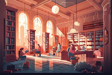Poster - A Room With People Sitting And Standing Around A Table In It Library Typography Book Design Generative AI 