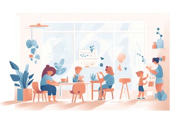 Poster - A Group Of People Sitting At A Table In A Room With Plants Coffee Shop Paper Cutting Workplace Wellness Generative AI 