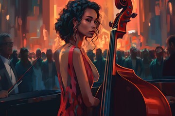 Poster - A Woman In A Red Dress Holding A Cello In Front Of A Crowd Nightclub Renaissance Music Performance Generative AI 