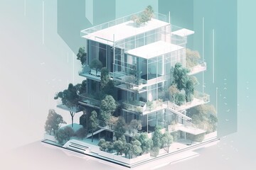 Poster - A Building With Trees On Top Of It And A Sky Background Office Building Environmental Art Architectural Design Generative AI 