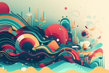 Poster - A Colorful Abstract Painting With Waves And Shapes On A Blue Background Lunar Landscape Color Field Painting Motion Graphics Generative AI 