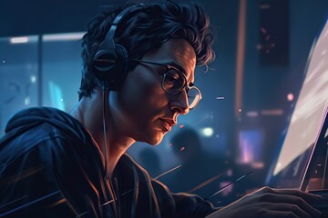 Poster - A Man Wearing Headphones And Using A Laptop Computer In A Dark Room Library Digital Art Digital Illustration Generative AI 