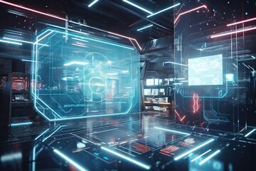 Poster - A Futuristic Room With Neon Lights And A Large Screen On The Wall Conference Room Animation Motion Graphics Generative AI 