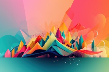 Fototapete - A Colorful Abstract Painting With Mountains And Water In The Background And A Sky Mountain Graphic Design Mountains Generative AI 