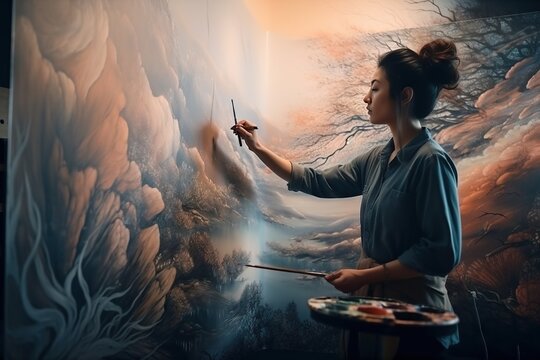 A Woman Is Painting A Picture On A Wall With A Brush Graffiti Wall Fine Art Photography Painting Generative AI 