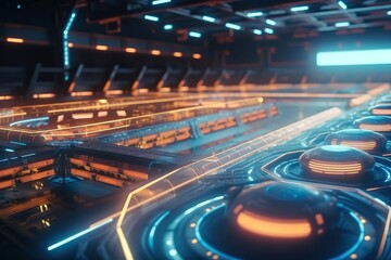 Poster - A Futuristic Looking Room With A Lot Of Lights And A Lot Of Round Objects Arcade Animation Motion Graphics Generative AI 