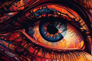 Poster - A Painting Of A Blue Eye With Red And Orange Colors On It Graffiti Wall Graffiti Art Vision Generative AI 