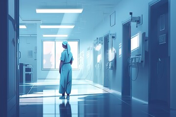 Poster - A Woman In A Hospital Gown Is Walking Through A Hallway With Doors Hospital Animation Hospital Administration Generative AI 