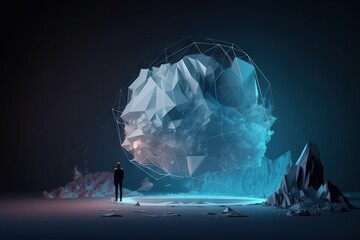 Poster - A Man Standing In Front Of A Large Iceberg In The Middle Of A Dark Room Iceberg Video Art Motion Graphics Generative AI 