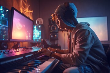Poster - A Man Sitting In Front Of A Keyboard In A Recording Studio Recording Studio Animation Music Production Generative AI 