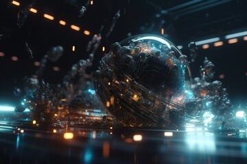 Poster - A Futuristic Scene With A Large Sphere And Many Lights In The Background Factory Animation Motion Graphics Generative AI 