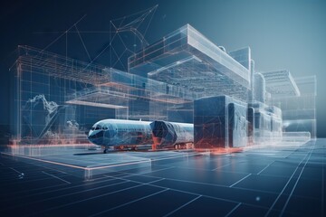Poster - a futuristic image of a plane in a hangar with a blue background airport animation supply chain opti
