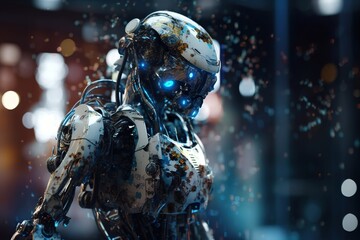 Poster - A Robot With Blue Eyes And A White Body Standing In A Room Junkyard Photorealism Robotics Engineering Generative AI 