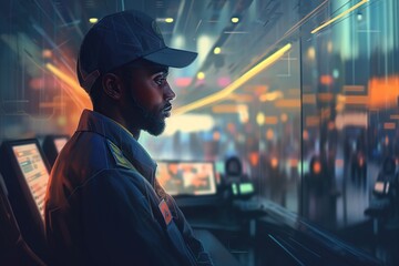 Poster - A Man In A Baseball Cap Is Sitting In A Train Station Police Station Photorealism Digital Illustration Generative AI 