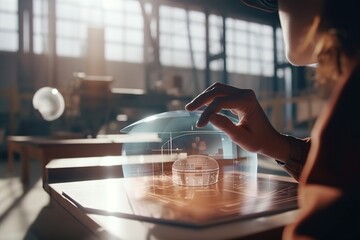 Poster - A Woman Is Looking At A Model Of A Building On A Table Workshop Animation Augmented Reality Generative AI 