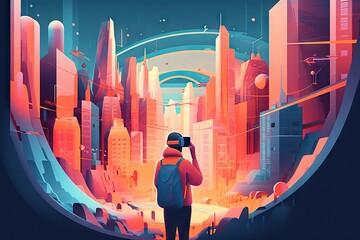 Poster - A Man Is Taking A Picture Of A Futuristic City With A Camera Lunar Landscape Panoramic Photography Motion Graphics Generative AI 