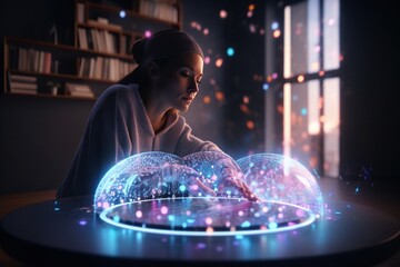 Poster - A Woman Is Looking At A Glowing Object In A Room With A Window Aquarium Animation Motion Graphics Generative AI 