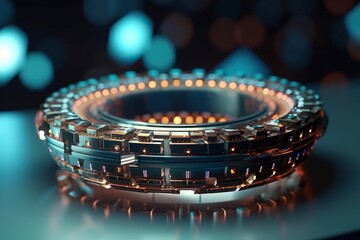 Poster - A Close Up Of A Ring Of Lights On A Table With A Blurry Background Factory Animation Motion Graphics