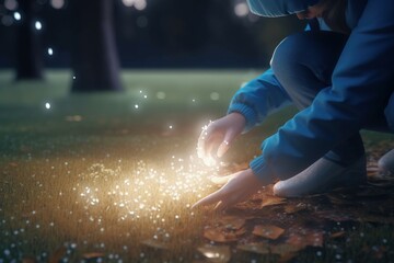 Poster - A Person Kneeling Down On The Ground With A Sparkle Ball In Their Hand Park Photorealism Motion Graphics Generative AI 