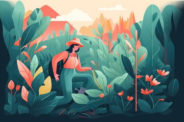 Poster - A Man In A Hat Is Standing In The Jungle With Plants Farm Color Field Painting Gardening Generative AI 
