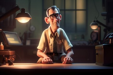 Poster - A Cartoon Character Sitting At A Desk With A Lamp On It Law Office Animation Animation Filmmaking Generative AI 