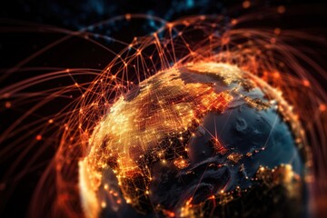 Poster - A Globe With Many Lines Of Lights Around It And A Dark Background Deep Sea Trench Aerial Photography Supply Chain Optimization Generative AI 