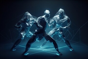 Three People In A Futuristic Dance Pose On A Dark Background With Lines Boxing Gym Video Art Motion Graphics Generative AI 