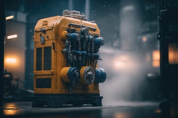 Poster - A Yellow And Blue Machine Sitting On Top Of A Wet Ground Construction Equipment Yard Fine Art Photography Industrial Photography Generative AI 