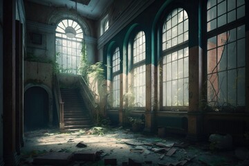 Poster - A Room With A Bunch Of Windows And A Bunch Of Debris Abandoned Building Photorealism Environment Generative AI 
