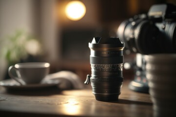 Poster - A Camera And A Cup On A Table With A Light In The Background Coffee Shop Time-lapse Photography Video Marketing Generative AI 