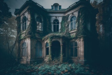 Poster - A Creepy Looking House With Vines Growing On The Side Of It Abandoned Building Gothic Green Living