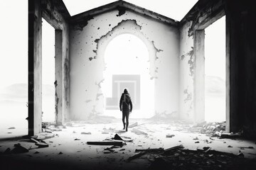 Poster - A Person Standing In A Doorway With A Light Coming Through It Factory Constructivism Black And White Photography Generative AI 