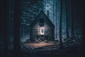 Poster - a cabin in the woods with a light on at the door rustic mountain cabin interior in winter forest at 