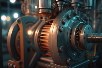 Poster - A Close Up Of A Machine With A Blurry Background Of Lights Car Repair Shop Photorealism Industrial Photography Generative AI 
