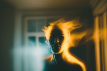 Poster - A Woman With A Blurry Image Of Her Face And Hair Workshop Long Exposure Photography Energy Healing Generative AI 