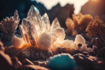 Poster - A Cluster Of Crystals And Rocks On A Rocky Surface With A Sun Shining In The Background Desert Rock Formation Macro Photography Macro Photography Generative AI 