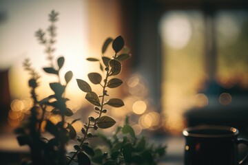 Poster - A Plant In A Vase With A Mug In Front Of It Rustic Farm Interior Time-lapse Photography Green Living Generative AI 