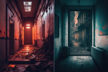 Poster - a hallway with a door and a window with a light on abandoned warehouse interior fine art photography