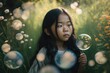 © CleverStock - A Young Girl Is Blowing Bubbles In A Field Of Flowers And Grass Savanna Fine Art Photography Fine Art Photography Generative AI