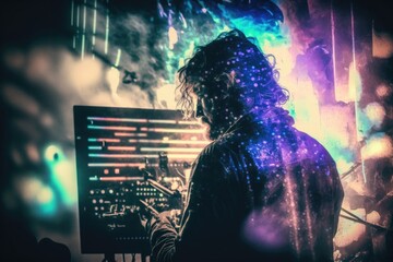 Poster - A Man With Long Hair Standing In Front Of A Computer Screen Beach House Video Art Music Production Generative AI 