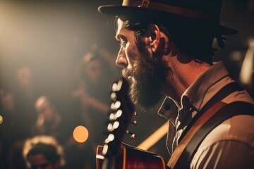 Poster - A Man With A Beard And A Hat Playing A Guitar In A Band Recording Studio Concert Photography Concert Photography Generative AI 