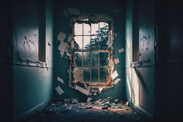Poster - a run down room with a broken window and broken walls and debris abandoned building fine art photogr