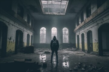 Poster - A Person Standing In A Large Room With Windows And A Skylight Abandoned Warehouse Interior Long Exposure Photography Digital Photography