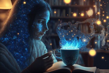 Poster - A Girl Reading A Book And Holding A Cup Of Tea With A Glowing Light Coming Out Of It Coffee Shop Surrealism Coffee Generative AI 